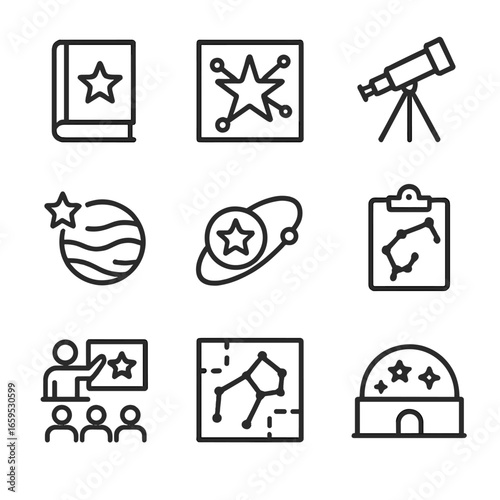 Star Education Icons. Outline icon set of star education: astronomy book, star diagram, telescope, planet, orbit, constellation