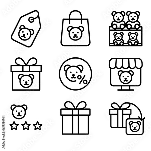 Stuffed Animal Retail Icons. Outline icon set of stuffed animal retail: price tag, shopping bag, display shelf, gift wrapping,