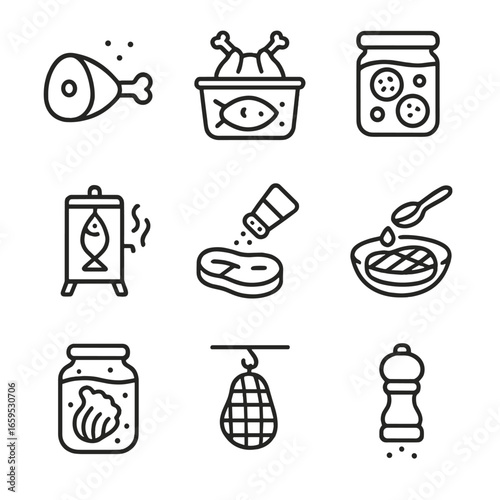 Salty Cooking Icons. Outline icon set of salty cooking methods: curing, brining, pickling, smoking, salting, marinating,