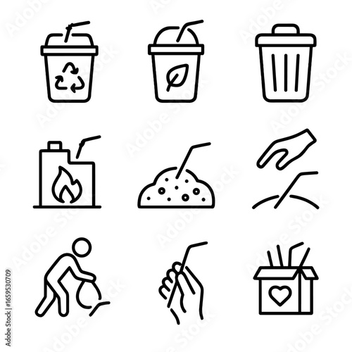 Straw Disposal Icons. Outline icon set of straw disposal methods: recycling bin, compost bin, trash can, incineration, landfill,
