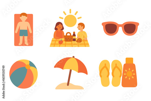Sunlit Daily Activities. Flat vector mini-illustrations sunlight and daily life in colors children's illustrations: person