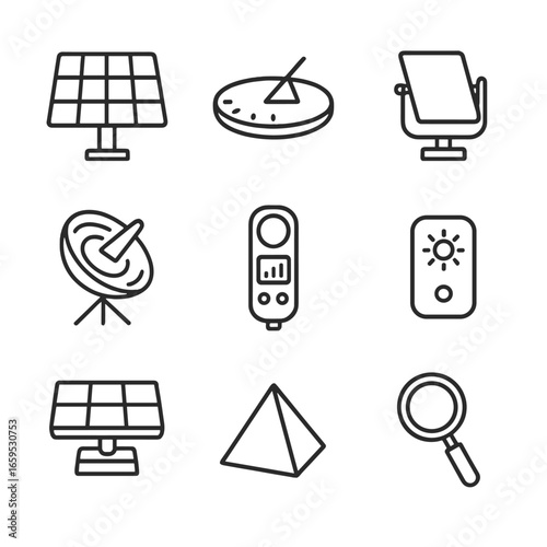 Sunlight Instrument Icons. Outline icon set of sunlight instruments: solar panel, sundial, heliostat, solar cooker, light meter,