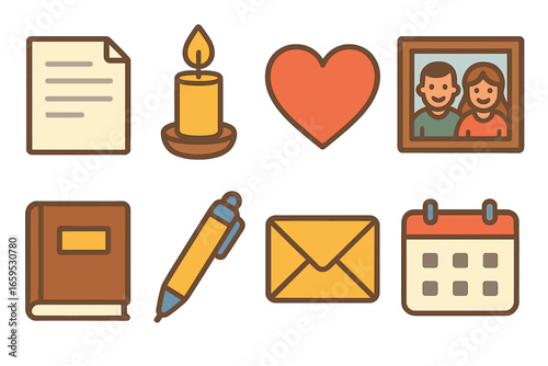 Legacy Icons Grid. Flat vector mini-illustrations final wishes and legacy in colors children's illustrations:
