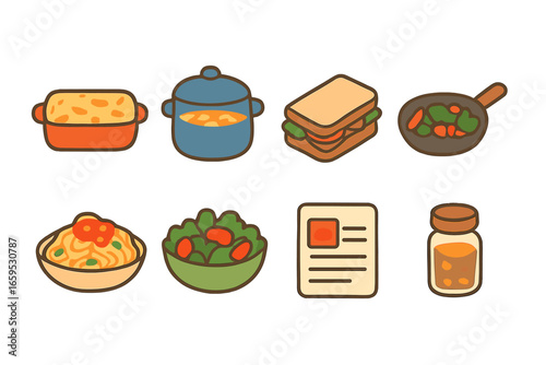 Leftover Meal Icons. Flat vector mini-illustrations Leftover dinner ideas in colors children's illustrations: