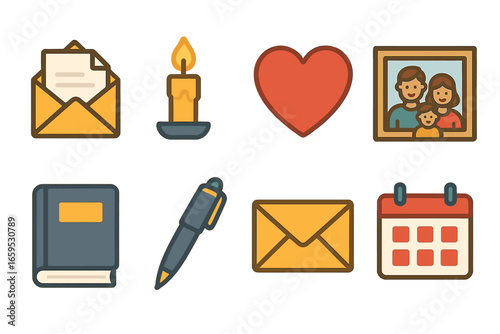 Legacy Icons Grid. Flat vector mini-illustrations final wishes and legacy in colors children's illustrations: