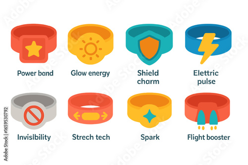 Superhero Power Bands. Flat vector mini-illustrations superhero bands in colors children's illustrations: power band, glow energy
