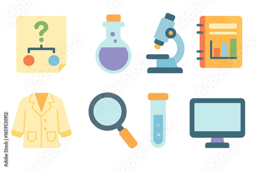Scientific Method Icons. Flat vector mini-illustrations scientific method in colors children's illustrations: hypothesis chart,