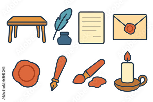 Letter Writing Icons. Flat vector mini-illustrations letter writing process in colors children's illustrations