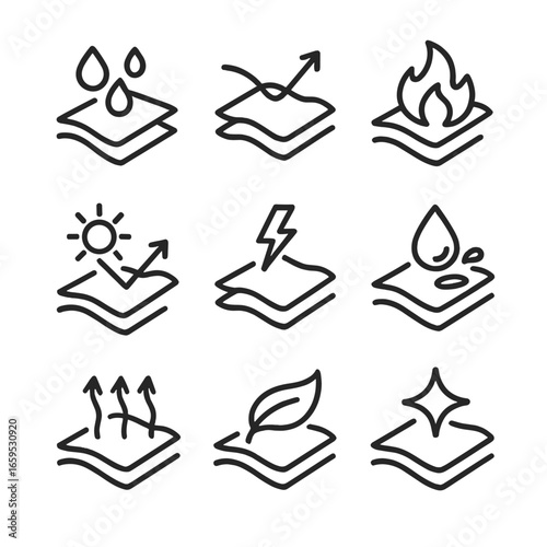 Synthetic Textile Icons. Outline icon set of synthetic textile finishes: waterproof coating, anti-wrinkle, flame retardant, UV