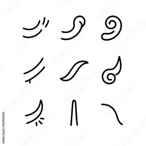 Tail Movement Icons. Outline icon set of tail movements: wagging tail, flicking tail, curling tail, twitching tail, sweeping tail,