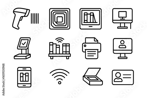 Library Tech Icons. Outline vector icons of library technology tools: barcode scanner, RFID tag, digital