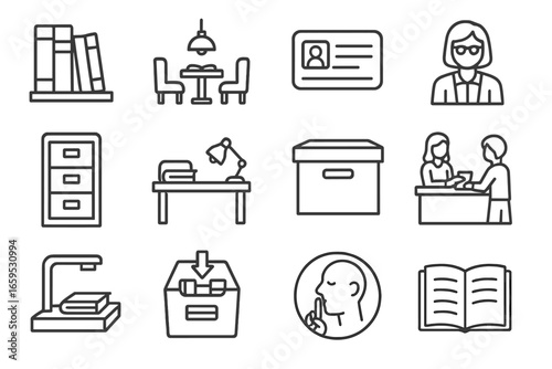 Library Icon Set. Outline vector icons of public libraries: book shelves, reading room, library card,
