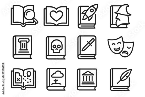 Literature Genre Icons. Outline vector icons of literature genres: mystery, romance, science fiction, fantasy,