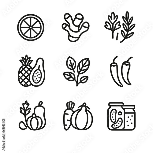Seasonal Food Icons. Outline icon set of zesty seasonal foods: summer citrus, winter ginger, spring herbs, autumn spices, tropical