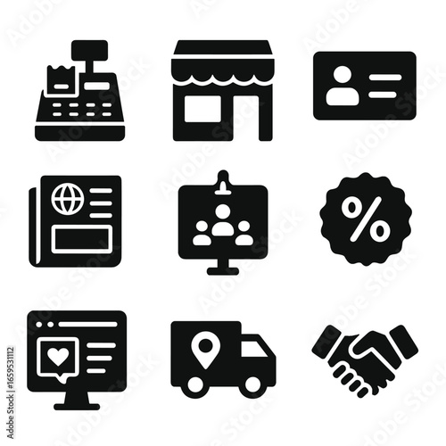 Local Business Icons. Solid, filled icons set of small business local campaigns: cash register, shopfront,