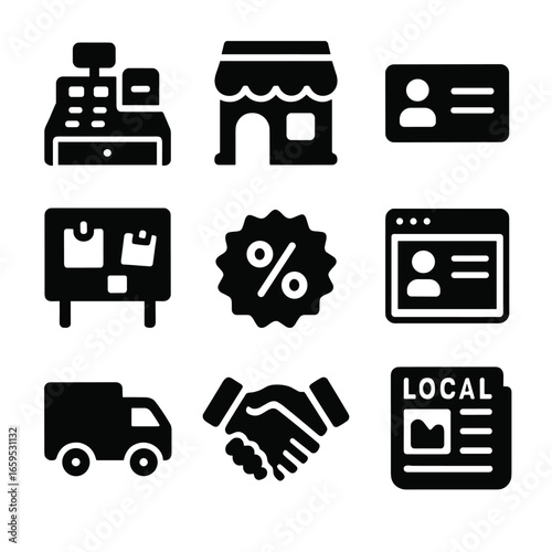 Local Business Icons. Solid, filled icons set of small business local campaigns: cash register, shopfront,