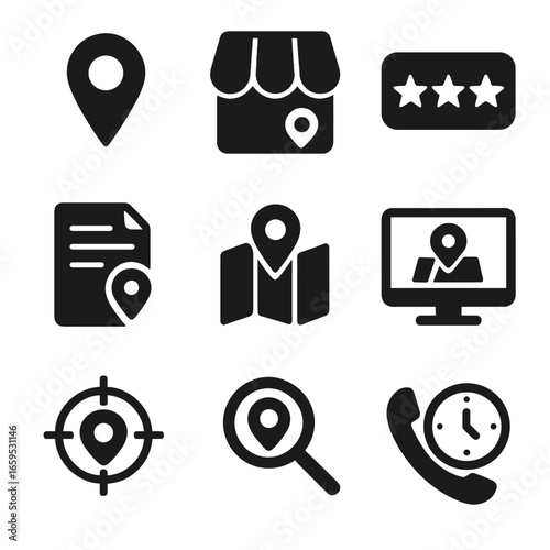 Local SEO Icon Set. Solid, filled icons set of local SEO and maps: location pin, Google My Business, reviews,