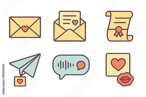 Love Icon Mini-Series. Flat vector mini-illustrations Love letters and messages in colors children's