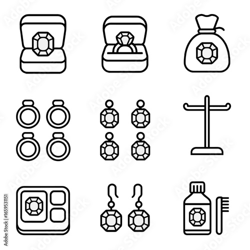 Topaz Icon Collection. Outline icon set of topaz collection: gemstone display, jewelry box, gemstone pouch, topaz ring collection,