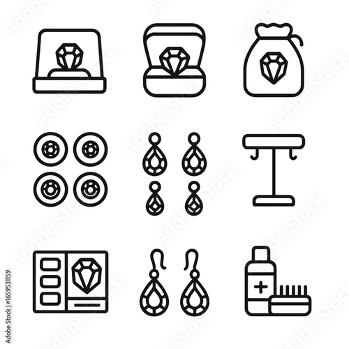 Topaz Icon Collection. Outline icon set of topaz collection: gemstone display, jewelry box, gemstone pouch, topaz ring collection,