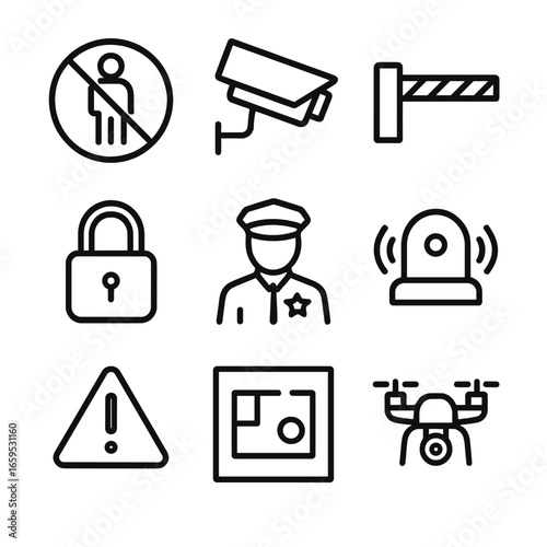 Security Icons Set. Outline icon set of human territory signs: no trespassing sign, CCTV camera, barrier, gate lock, security