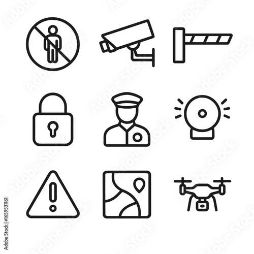 Security Icons Set. Outline icon set of human territory signs: no trespassing sign, CCTV camera, barrier, gate lock, security