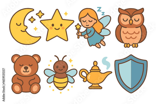 Magical Nighttime Icons. Flat vector mini-illustrations Magical nighttime helpers in colors children's