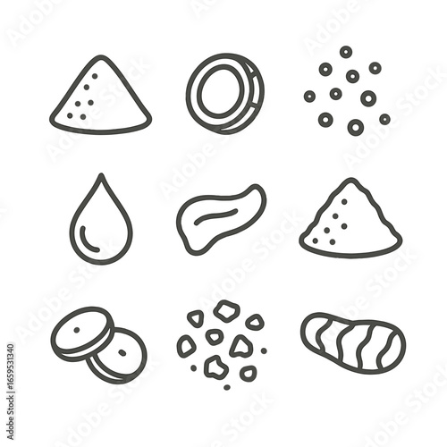 Turmeric Icon Collection. Outline icon set of turmeric textures: powder heap, root cross-section, granules, liquid drop, paste