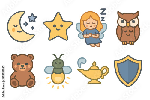 Magical Nighttime Icons. Flat vector mini-illustrations Magical nighttime helpers in colors children's