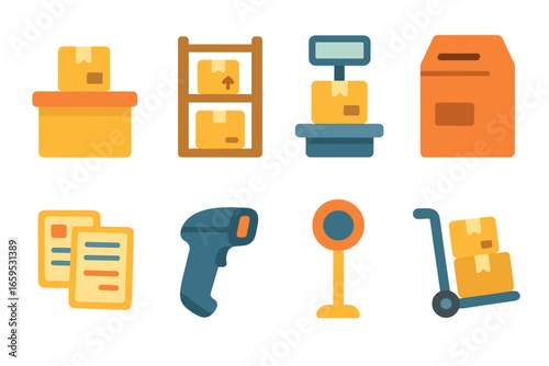 Mail Center Icons. Flat vector mini-illustrations of mail center in colors children's illustrations: package