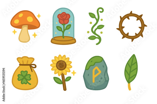 Magical Plant Icons. Flat vector mini-illustrations Magical plants and charms in colors children's