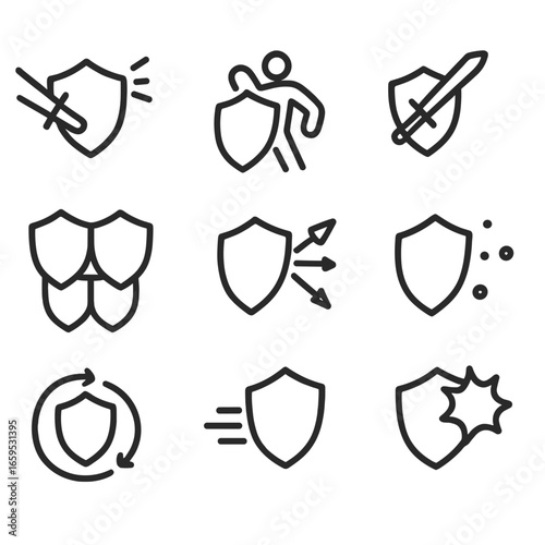 Shield Defense Icons. Outline icon set of shield defense mechanisms: shield block, shield bash, shield parry, shield wall, shield