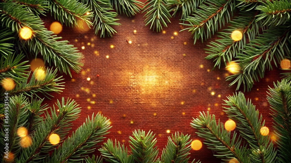 Festive Christmas Background with Pine Branches and Bokeh Lights on Wood Surface Festive Christmas Background with Pine Branches and Bokeh Lights on Wood Surface