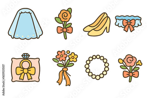 Wedding Accessories Icons. Flat vector mini-illustrations wedding accessories in colors children's illustrations: veil,