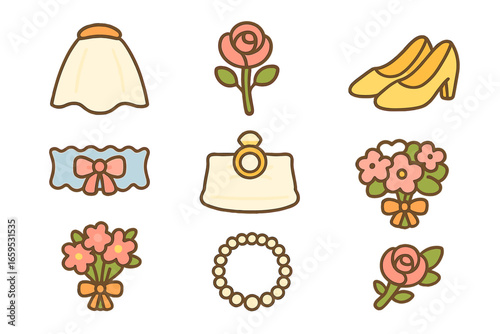 Wedding Accessories Icons. Flat vector mini-illustrations wedding accessories in colors children's illustrations: veil,