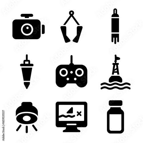 Marine Research Equipment Icons. Solid, filled icons set of marine research equipment: deep-sea camera, water