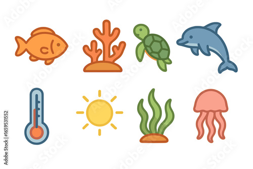 Marine Temperature Icons. Flat vector mini-illustrations Ocean wildlife temperature changes in colors children