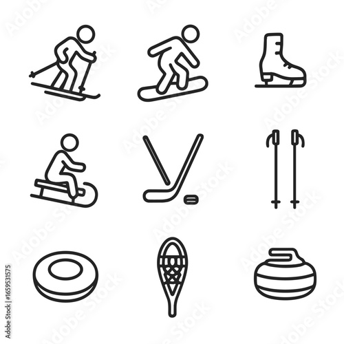 Winter Sports Icons. Outline icon set of winter sports: skiing, snowboarding, ice skating, sledding, hockey stick, ski poles, snow