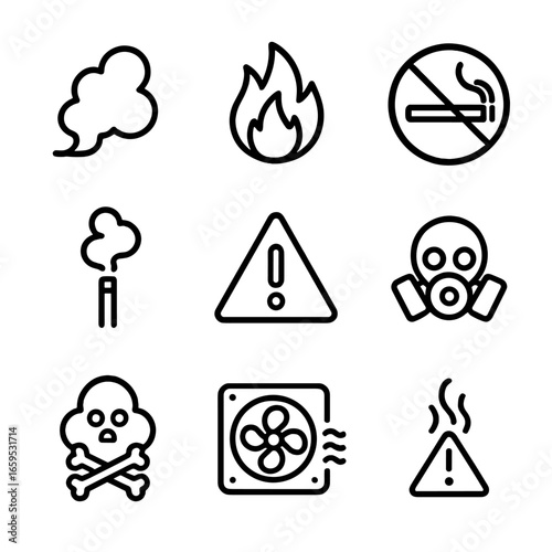 Smoke Warning Icons. Outline icon set of smoky symbols and signs: smoke icon, fire hazard, no smoking sign, smoke signal, warning
