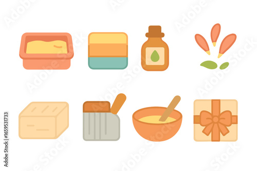 Soap Crafting Icons. Flat vector mini-illustrations soap craftsmanship in colors children's illustrations: soap mold, colored soap