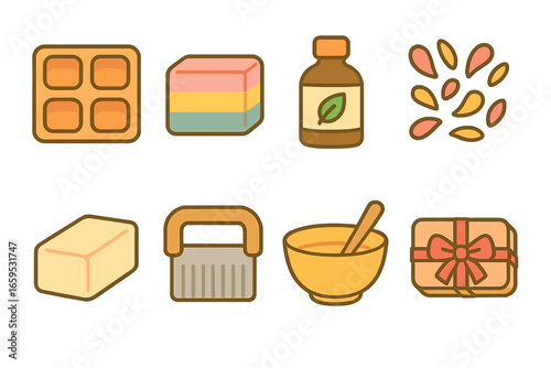 Soap Crafting Icons. Flat vector mini-illustrations soap craftsmanship in colors children's illustrations: soap mold, colored soap