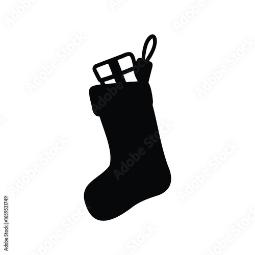 Black Christmas Stocking Silhouette Filled with Holiday Gifts and Treats