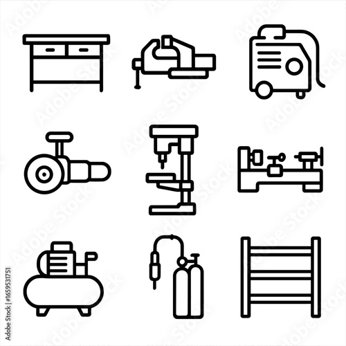 Workshop Icon Set. Outline icon set of sheet metal workshop equipment: workbench, vice, welding machine, grinder, drill press,
