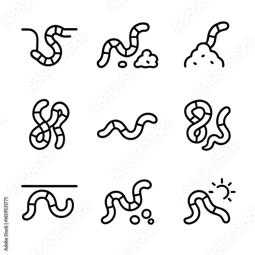 Worm Activity Icons. Outline icon set of worm activities: burrowing, feeding on organic matter, casting, mating, crawling,