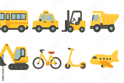 Yellow Vehicles Icons. Flat vector mini-illustrations yellow vehicles in colors children's illustrations: school bus, taxi,