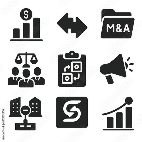 Merger & Acquisition Icons. Solid, filled icons set of merger and acquisition planning: acquisition chart,