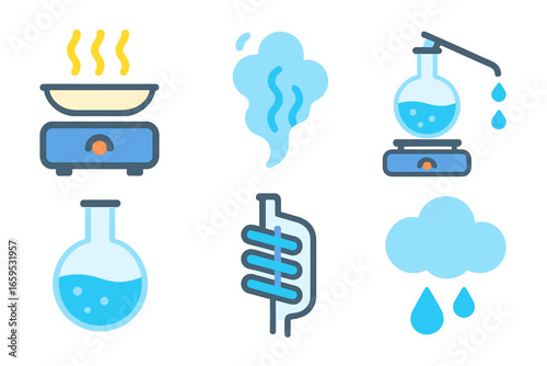 Solvent Evaporation Process. Flat vector mini-illustrations solvent evaporation in colors children's illustrations: evaporating