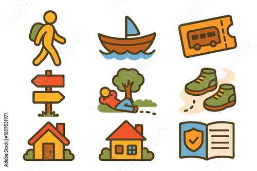 Migrant Journey Icons. Flat vector mini-illustrations Migrant pathways in colors children's illustrations: