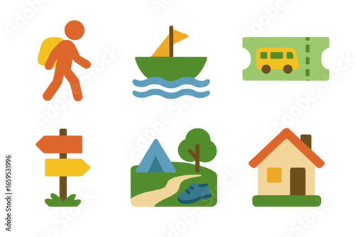 Migrant Journey Icons. Flat vector mini-illustrations Migrant pathways in colors children's illustrations: