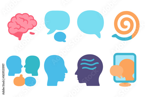 Mindful Conversations Icons. Flat vector mini-illustrations internal monologue in colors children's